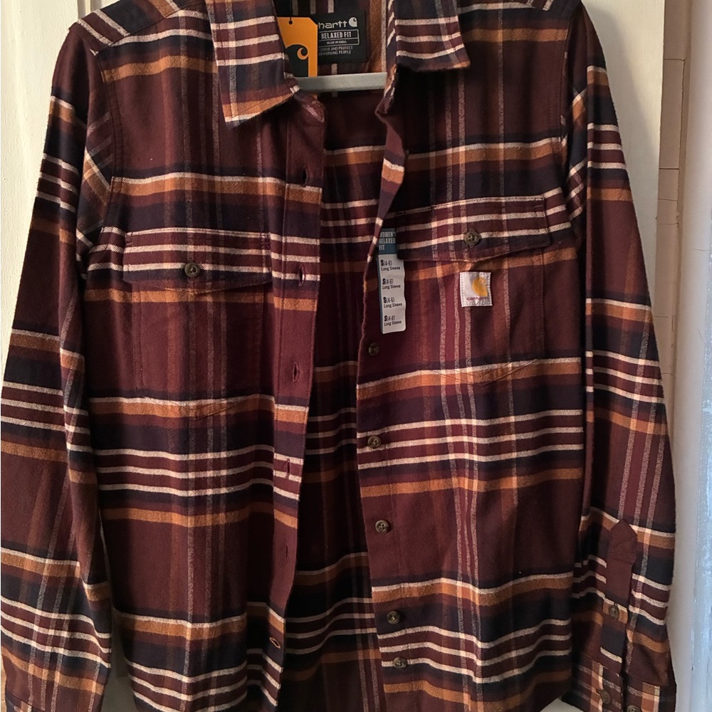 Carhartt Burgundy and Brown Plaid Relaxed Fit Shirt with Tencel Label